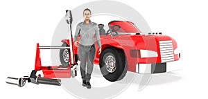 3d character ,woman , car , tool kit - repair ,