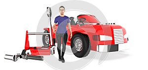 3d character ,woman , car , tool kit - repair ,