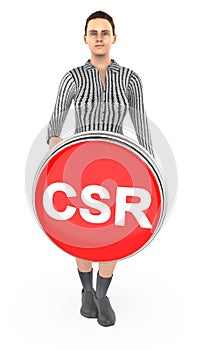 3d character , woman and csr button