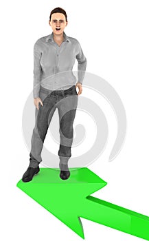 3d character , woman excited , surprised while standing on top of a arrow