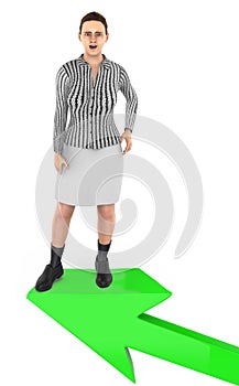 3d character , woman excited , surprised while standing on top of a arrow
