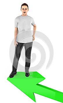 3d character , woman excited , surprised while standing on top of a arrow