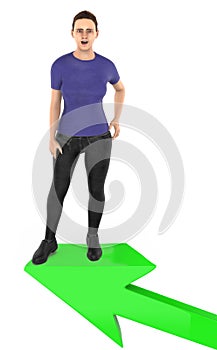 3d character , woman excited , surprised while standing on top of a arrow