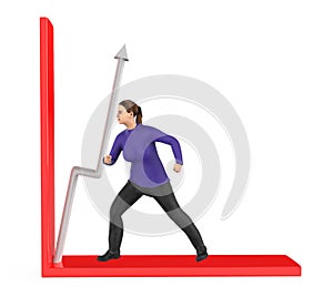 3d character , woman , puch arrow in a graph