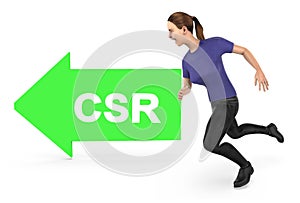 3d character , woman running towards the csr text arrow directed way