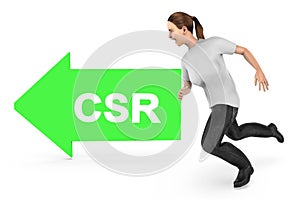3d character , woman running towards the csr text arrow directed way