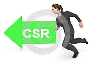 3d character , woman running towards the csr text arrow directed way