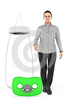 3d character , woman standing next to a pacifier and a babby feeding bottle
