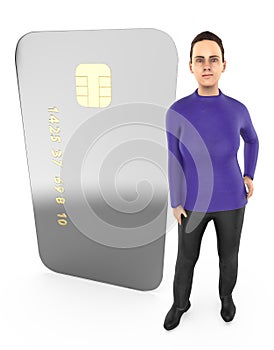 3d character , woman standing to a chip enabled electronic card