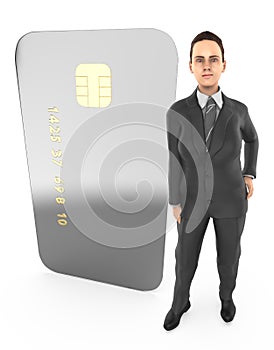 3d character , woman standing to a chip enabled electronic card