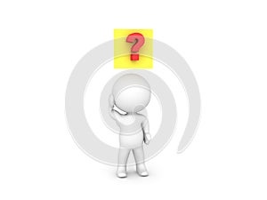 3D Character with a yellow sticky note and question mark above h