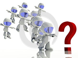 3d characters looking at a question mark