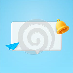 3d chat box, message bubble, with paper plane, bell, isolated on background. Design concept for social media, community