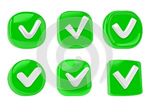 3D check icon. Tick mark. Ok render for success checklist. Right answer or quality checkmark. Select or approve. Agree