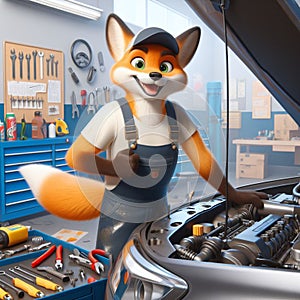 3D cheerful car mechanic fox is repairing the car. the hood is open. tools and car engine