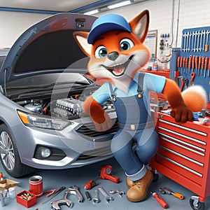 3D cheerful car mechanic fox is repairing the car. the hood is open. tools and car engine