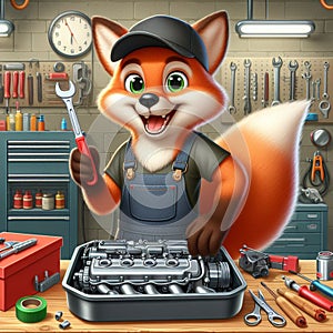 3D cheerful car mechanic fox is repairing the car. the hood is open. tools and car engine