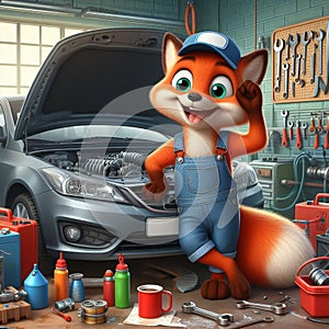 3D cheerful car mechanic fox is repairing the car. the hood is open. tools and car engine