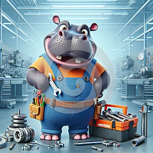 3D cheerful hippo in mechanic\'s outfit holding tools toolbox standing in front of a mechanic\'s table