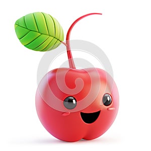 3D cherry character with a leaf and a joyful expression