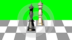 3d chess scene, black queen gives the mat to the white king, animation on green screen