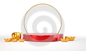 3D chinese new year background with Gold ingot and gold piggy bank with red podium for product display advertisement  background ,