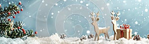 3d Christmas banner. Wooden deer in snow and branch of Christmas tree