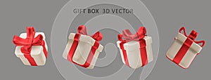 3d Christmas gift boxes with red bows isolated. Realistic vector modern holiday surprise box. Vector icon for present