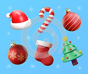 3d Christmas icons set. Christmas 3d vector objects collection. Christmas tree, Santa hat, christmas ornament ball