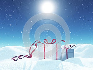 3D Christmas landscape with gift box nestled in snow