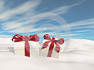 3D Christmas landscape with gifts nestled in snow