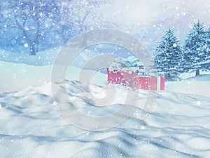 3D Christmas landscape with gifts nestled in the snow