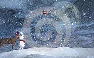 3D Christmas landscape with snowman, reindeer and santa in the sky