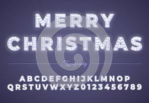 3d Christmas light bulb alphabet isolated on blue background. Winter Xmas or New Year party celebration.