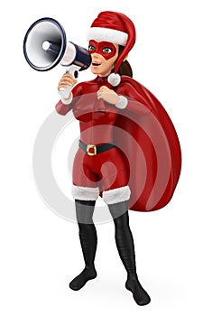 3d christmas people illustration. Woman superhero with a sack talking on a megaphone. Isolated white background