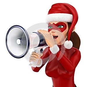 3d christmas people illustration. Woman superhero talking on a megaphone. Isolated white background