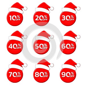 3d Christmas Sale label or icon set. 10,20,30,40,50,60,70,80,90 percent price off with Santa hat. Xmas discount badge or price tag