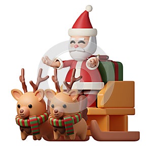 3d Christmas santa claus riding on reindeer sleigh icon. minimal decorative festive conical shape tree. New Year's