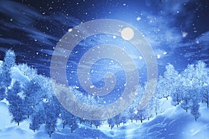 3D Christmas winter landscape with falling snow