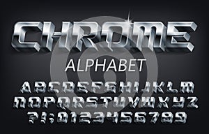 3D Chrome alphabet font. Futuristic metallic letters, numbers and symbols with shadow.