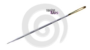 3d chrome realistic sewing needle isolated on a white background. Fashion embroidery tool, accessories for needlework and art