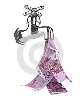 3d Chrome tap pours Euro notes down the drain