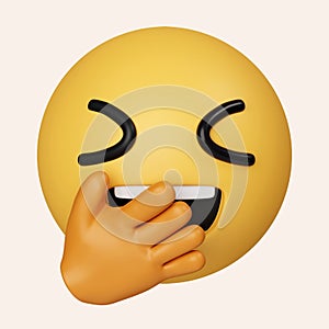 3d Chuckle Emoji. Emoticon cover mouth with hand while laughing. icon isolated on gray background. 3d rendering