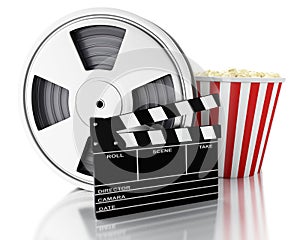 3d Cinema clapper, Film reel and popcorn.
