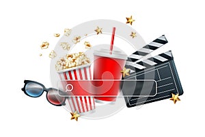 3D cinema entertainment. Online film theatre. Food and drink. Popcorn and cola. Media button. Multimedia search frame