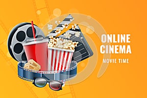 3D cinema entertainment. Online theater poster. Film tickets and clapperboard. Movie eyeglasses. Cinematography reel