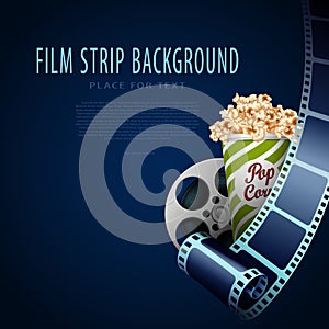 3D cinema film strip in perspective. Film strip, film reel, popcorn box. Cinema background. Template festival with place for text