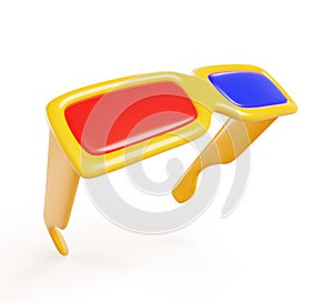 3D cinema glasses icon. Three dimensional red and blue lenses in yellow plastic frame for watching digital film with