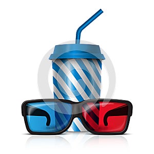 3d cinima glasses and cola cup, vector