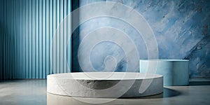 3D Circular podium to display beauty products in geometric natural stone concept in minimalist style in blue stone wall